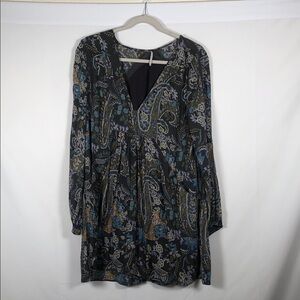 Free People Boho Floral Paisley V-Neck Tunic Dress with crochet accents